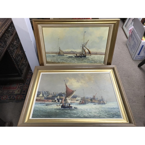 1426 - A pair of oil paintings study of Thames barges off Old Leigh by local 20th century artist Collin Moo... 