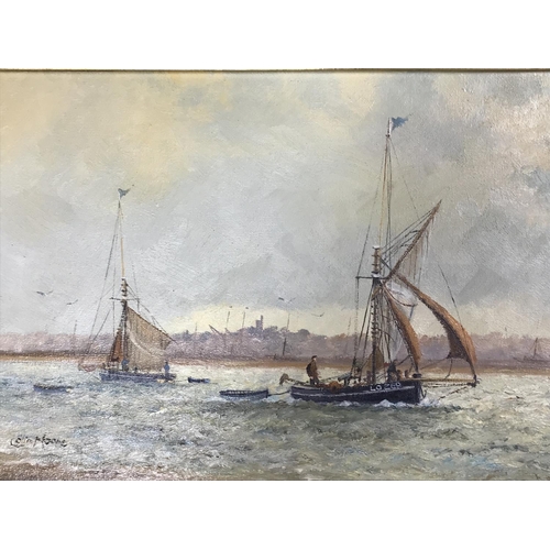 1426 - A pair of oil paintings study of Thames barges off Old Leigh by local 20th century artist Collin Moo... 