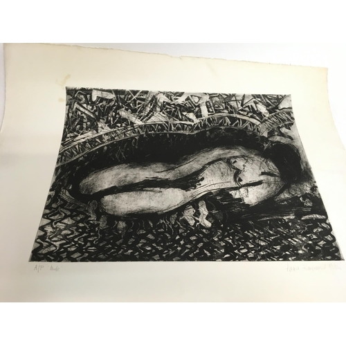 1433 - Two unframed modern dry point signed watercolours, a nude signed Angie Hayward 1986 and a winter for... 