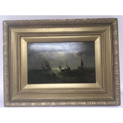 1443 - A 19th century oil painting on panel Marine scene. The Fishing Fleet Moonlight attributed to John Mo... 