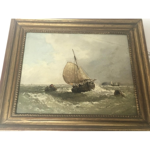 1445 - A framed 19th century oil painting on canvas study of fishing boats. Signed James Webb attributed th... 