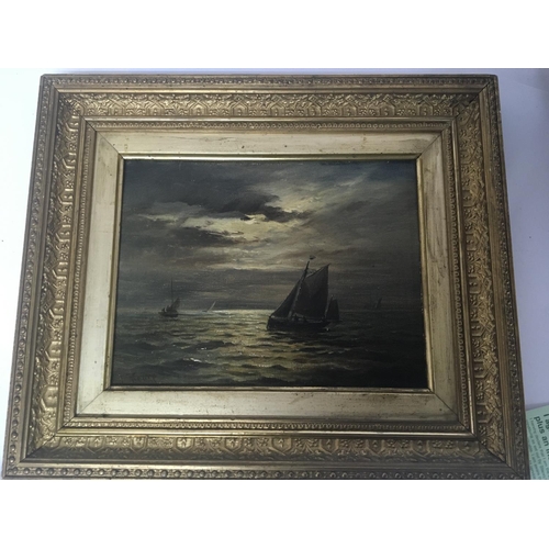 1447 - A framed oil painting on panel 19th Century. Return of the Fishing Fleet Moonlight signed lower left... 