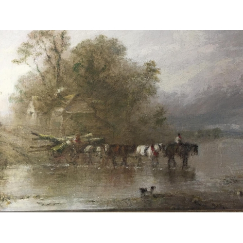 1448 - A 19th Century oil painting study of a horse drawn cart crossing a river. Unattributed. 35x44cm