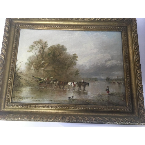 1448 - A 19th Century oil painting study of a horse drawn cart crossing a river. Unattributed. 35x44cm