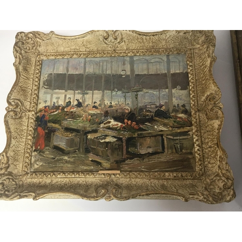 1449 - A framed oil painting on board a French street market signed lower right Jan Minarik. The reverse wi... 