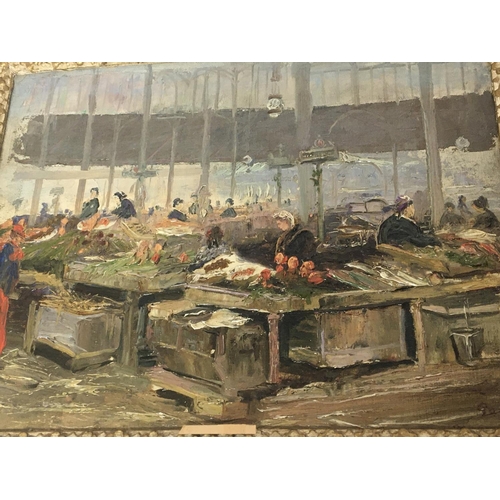 1449 - A framed oil painting on board a French street market signed lower right Jan Minarik. The reverse wi... 