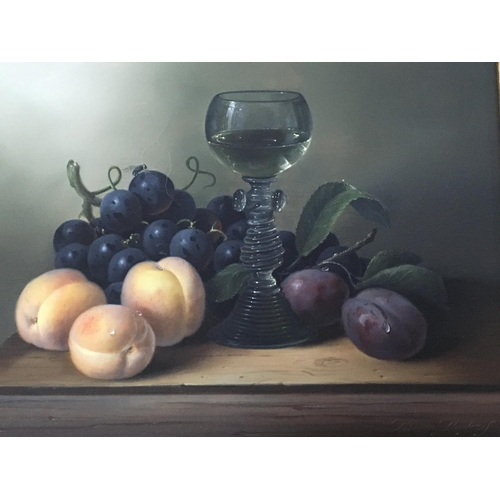 1450 - A framed 20th century oil paintings Still life studies of a Continental wine glass amongst fruit sig... 