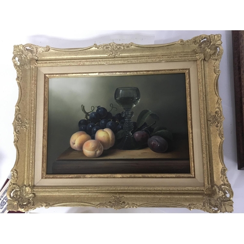 1450 - A framed 20th century oil paintings Still life studies of a Continental wine glass amongst fruit sig... 