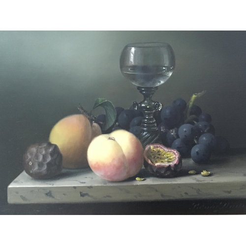 1451 - A conforming framed 20th century oil painting still life study with a Continental wine glass and fru... 