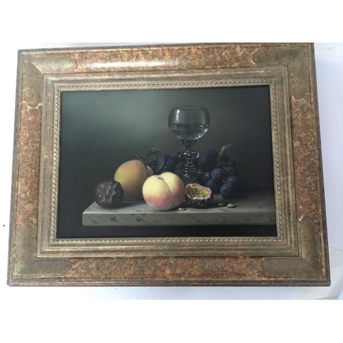 1451 - A conforming framed 20th century oil painting still life study with a Continental wine glass and fru... 