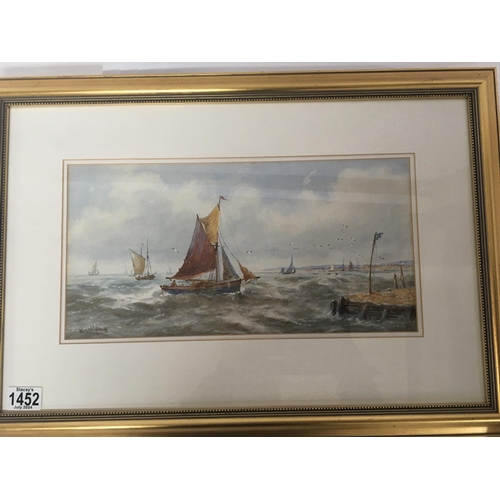 1452 - A framed watercolour Marine view with sailing fishing boats signed by RT Wilding.