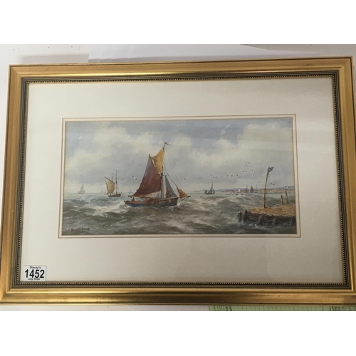 1452 - A framed watercolour Marine view with sailing fishing boats signed by RT Wilding.