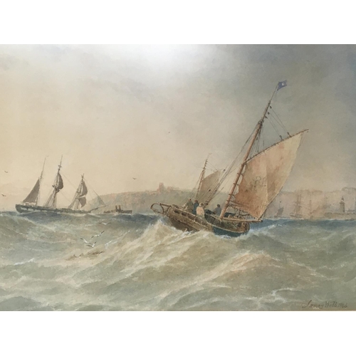 1455 - A large framed Watercolour Marine view study of sailing vessels on a rough sea signed lower left Jam... 