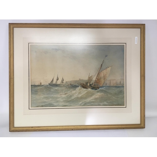 1455 - A large framed Watercolour Marine view study of sailing vessels on a rough sea signed lower left Jam... 