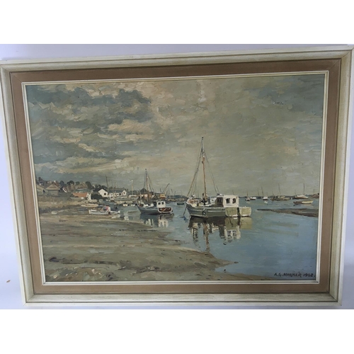 1456 - A framed oil painting local marine view with cockle boats signed by A G Horner 1962. 66x52cm