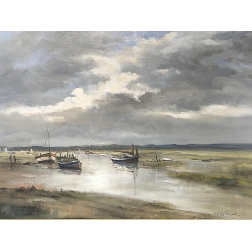 1457 - A large framed oil painting by Shirley Carnt study of boats in a creek 79x64cm and two other framed ... 