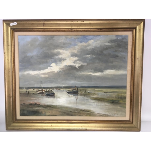 1457 - A large framed oil painting by Shirley Carnt study of boats in a creek 79x64cm and two other framed ... 