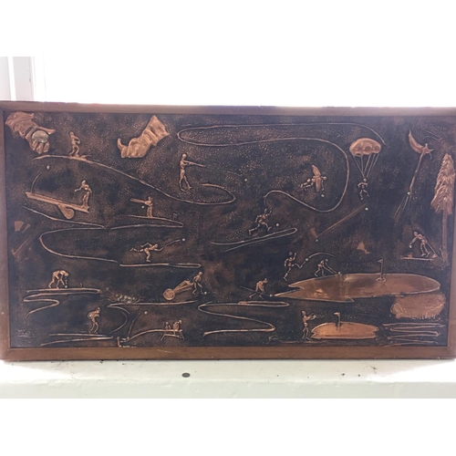 1460 - A large copper picture showing a number of sporting activities titled to hole in one. artists name i... 