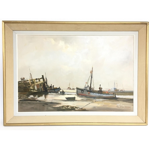 1464 - A large framed oil painting depicting boats at shore by local artist Vic Ellis (1921-1984). Dimensio... 