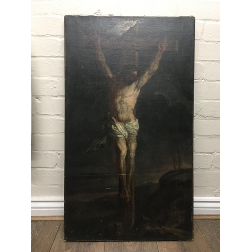 1473 - An oil on canvas depicting Jesus on the cross. Measuring 49cm x 84cm approximately