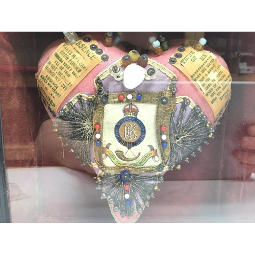 1558 - A WW1 cased sweetheart pin cushion made by a solider in the The King's Shropshire Light Infantry. Ca... 