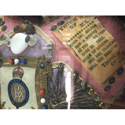 1558 - A WW1 cased sweetheart pin cushion made by a solider in the The King's Shropshire Light Infantry. Ca... 