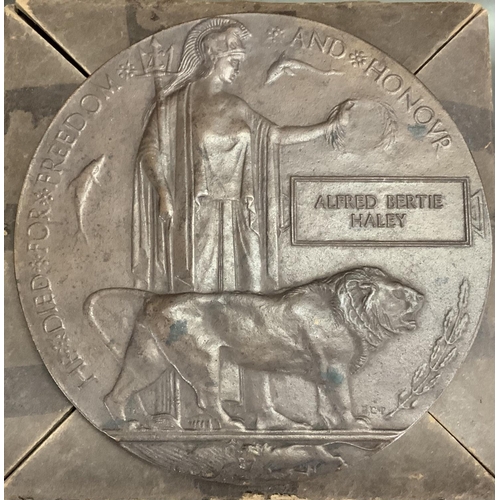 1594 - A WW1Bronze Death plaque given for Alfred Bertie Haley with original card sleeve. (Corporal G/33309 ... 