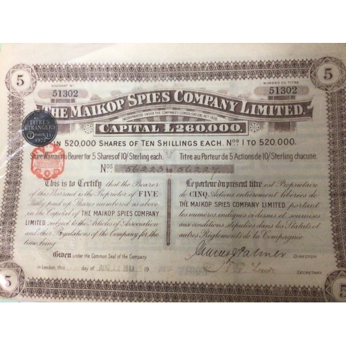 1658 - A 1913 share certificate The Maikop Spice company limited and album containing postcards including t... 