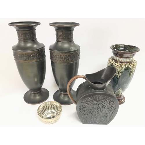 1908 - A pair of Dutch copper vases and arts and crafts jug along with a Doulton Lambeth vase and a silver ... 