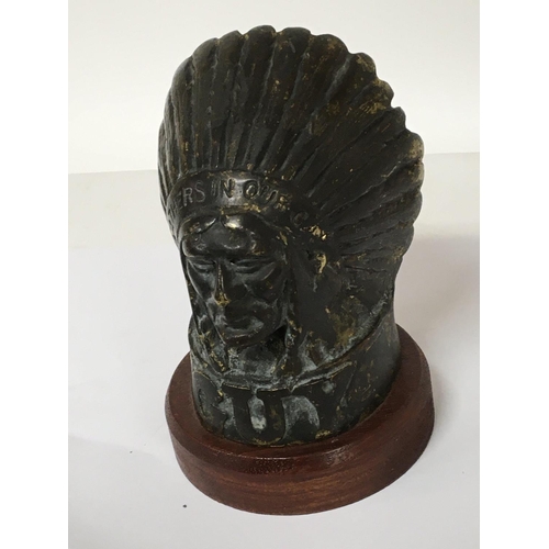 727 - A cast bronze car Mascot in the form of an Indian chief GUY Father in our car on a later mahogany pl... 