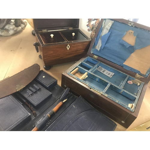 744 - A Georgian mahogany tea caddy together with a sewing box and leather stationery case