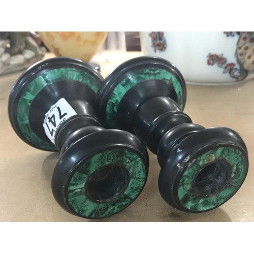 747 - A pair of malachite and slate candlesticks