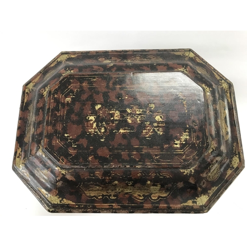 801 - A Chinese black lacquer box with gilt decoration and dragon head feet, dimensions 25x19x16cm approxi... 