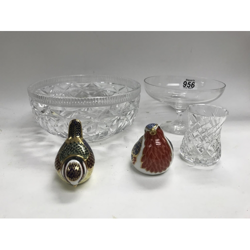 956 - Isle of wight glass vase with royal crown derby birds and cut glass vases and bowls.