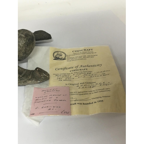 835 - An interesting Ancient Egyptian wooden carving on a carved stone base 600-400 BC with certificate of... 