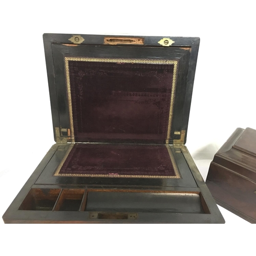 839 - An oak Coromandel wood Writing box and a mahogany tea caddy. Postage category C