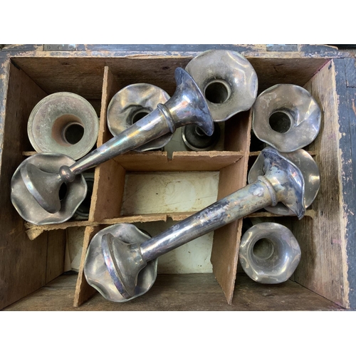 850 - A collection of silver plated epurgnes, cruets, cased silver plated cake stand. (D).