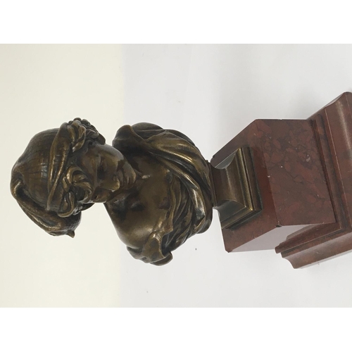 861 - A small French bronze bust mounted on a marble plinth. Height 17cm