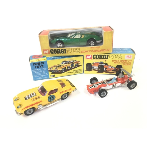 104 - 3 X Boxed Corgi Diecast Vehicles. A Customised Chevrolet Corvette Sting Ray #337. A Lotus-Climax F/1... 