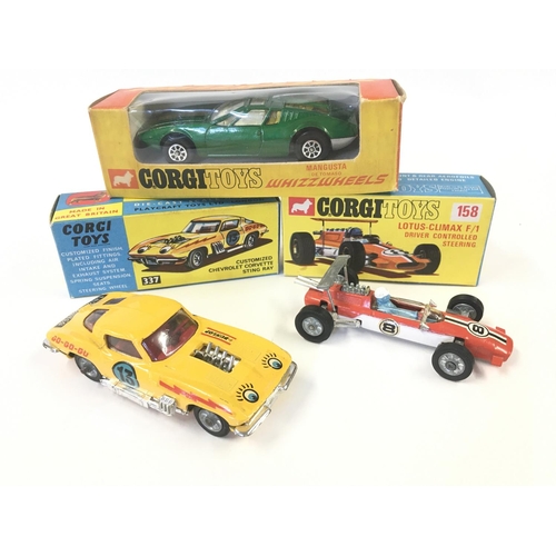 104 - 3 X Boxed Corgi Diecast Vehicles. A Customised Chevrolet Corvette Sting Ray #337. A Lotus-Climax F/1... 