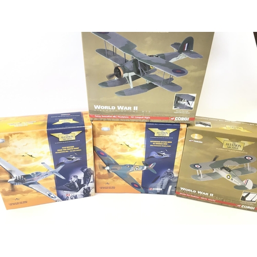 111 - 4 Boxed Corgi Aviation Archive Diecast Models including A Spitfire. A Swordfish. A Mustang (No Stand... 