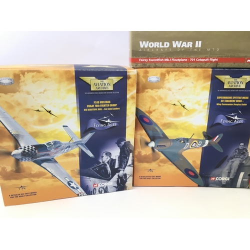 111 - 4 Boxed Corgi Aviation Archive Diecast Models including A Spitfire. A Swordfish. A Mustang (No Stand... 