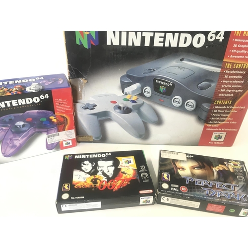 128 - A Boxed Nintendo 64 with Spare Controller and 2 Games including Golden Eye.