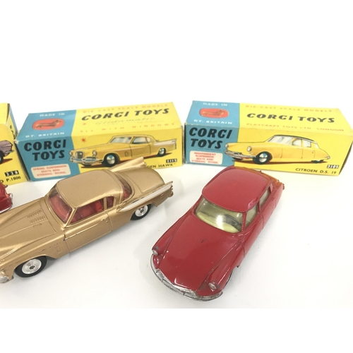 158 - 3 X Boxed Corgi Vehicles. A Volvo P.1800 #228. A Studebaker #2115 and a Citroen D.S.19 #2105.