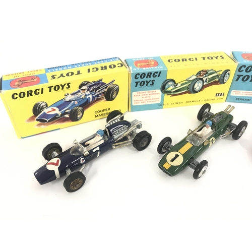 159 - 3 X Boxed Corgi F1 Cars. A Cooper Maserati #156. A Lotus-Climax #155 and a Ferrari #154.