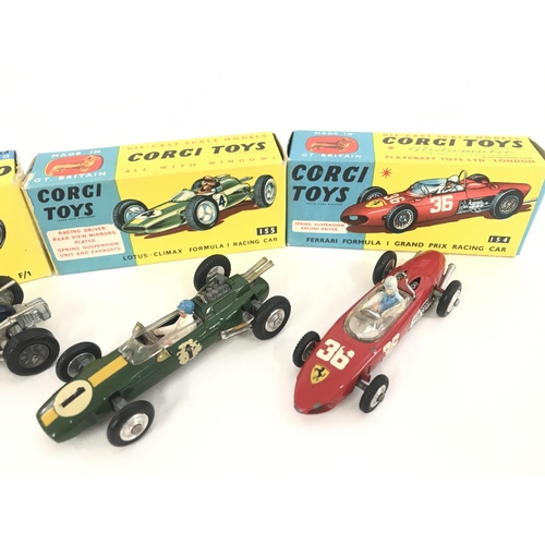 159 - 3 X Boxed Corgi F1 Cars. A Cooper Maserati #156. A Lotus-Climax #155 and a Ferrari #154.