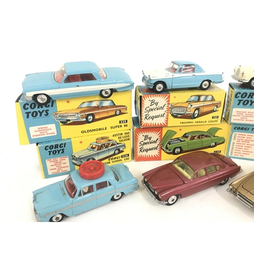 160 - 6 Boxed Corgi Vehicles. A Oldsmobile Super 88 #235. A Triumph Herald Coupe #231. A Mercedes-Benz 220... 