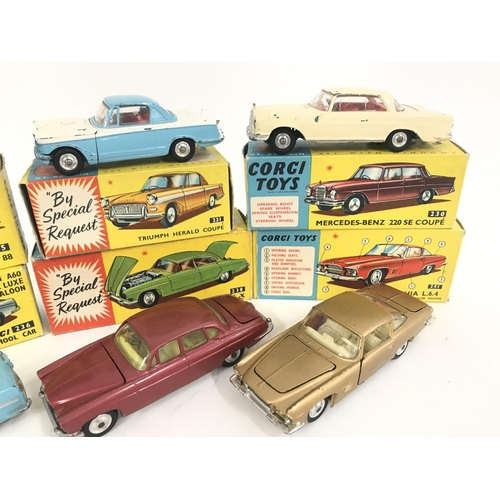 160 - 6 Boxed Corgi Vehicles. A Oldsmobile Super 88 #235. A Triumph Herald Coupe #231. A Mercedes-Benz 220... 