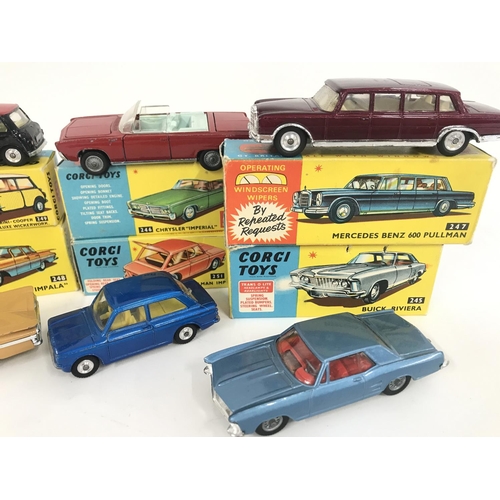 161 - 6 Boxed Corgi Vehicles. A Mini-Cooper #249. A Chrysler Imperial #246. A Mercedes Benz 600 Pullman. #... 