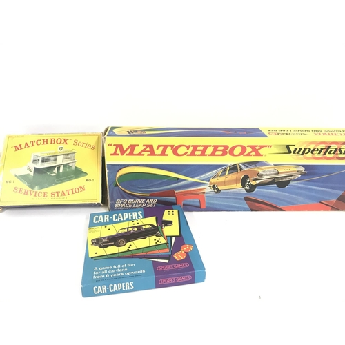 173 - A Boxed Matchbox Service Station #MG-1. A Matchbox SF-3 Curve And Space Set. And a Spears Game Car-C... 